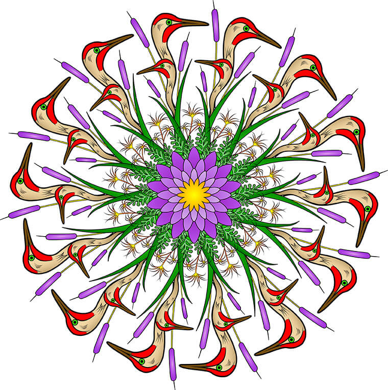 Digital illustration of mandala comprising stork heads and purple bullrushes. SAE student designs