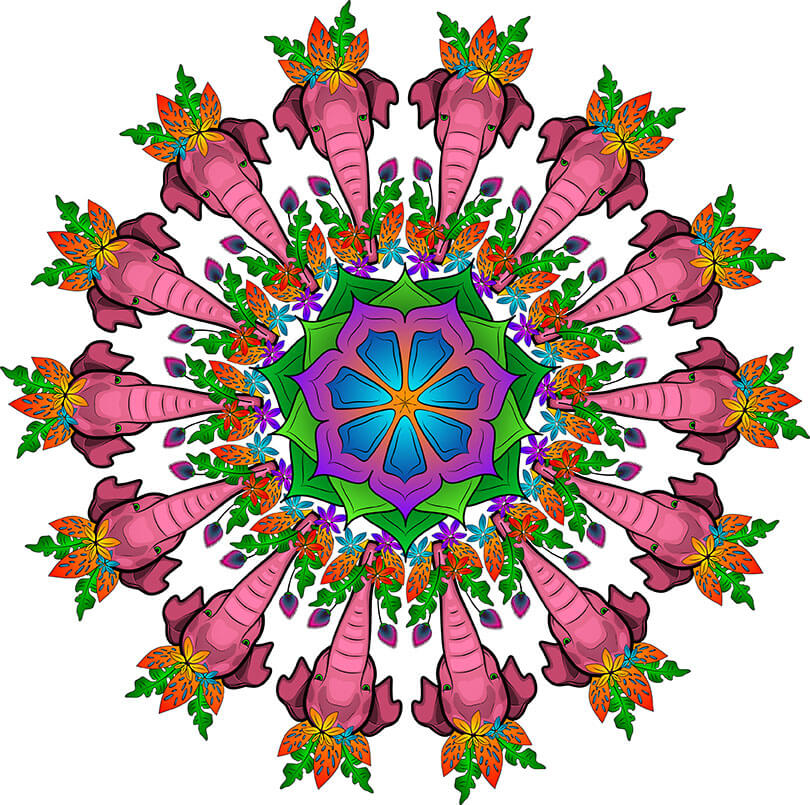 Digital illustration of mandala made up of pink elephant faces circling a flower