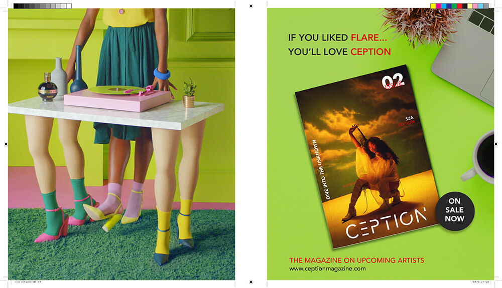 Side by side images. Bright colours. Left surrealist image of table with human legs. Right, flyer.