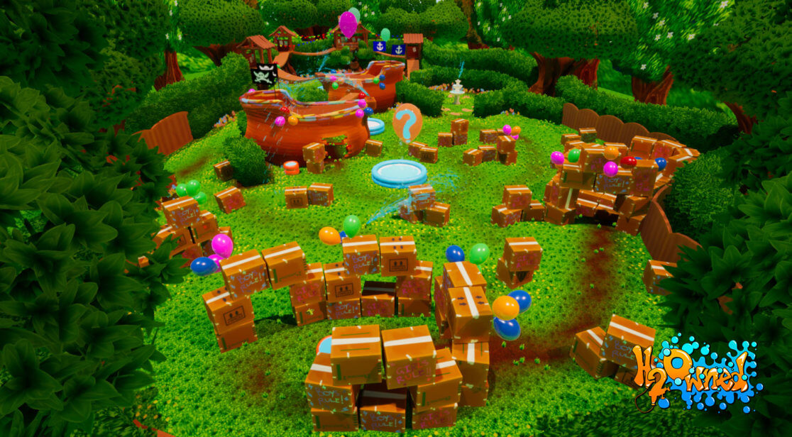 Screenshot of game showing an outdoor garden landscape with boxes