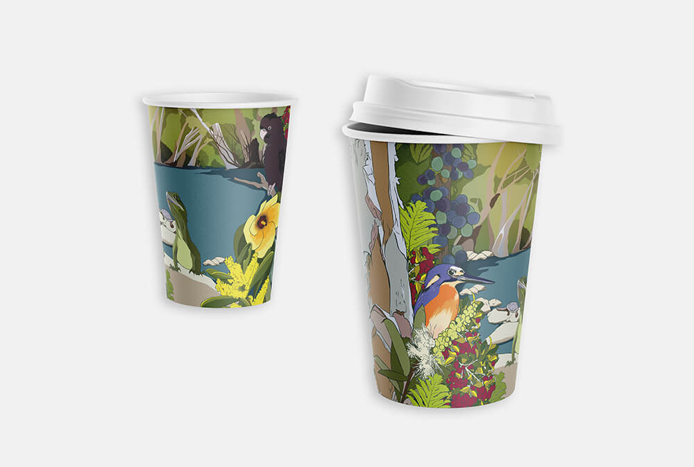 Takeaway cups printed in lively design and colours.