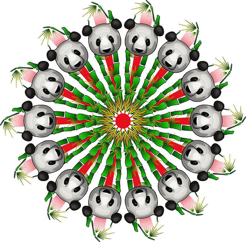 Digital illustration of mandala comprising panda faces and bamboo shoots