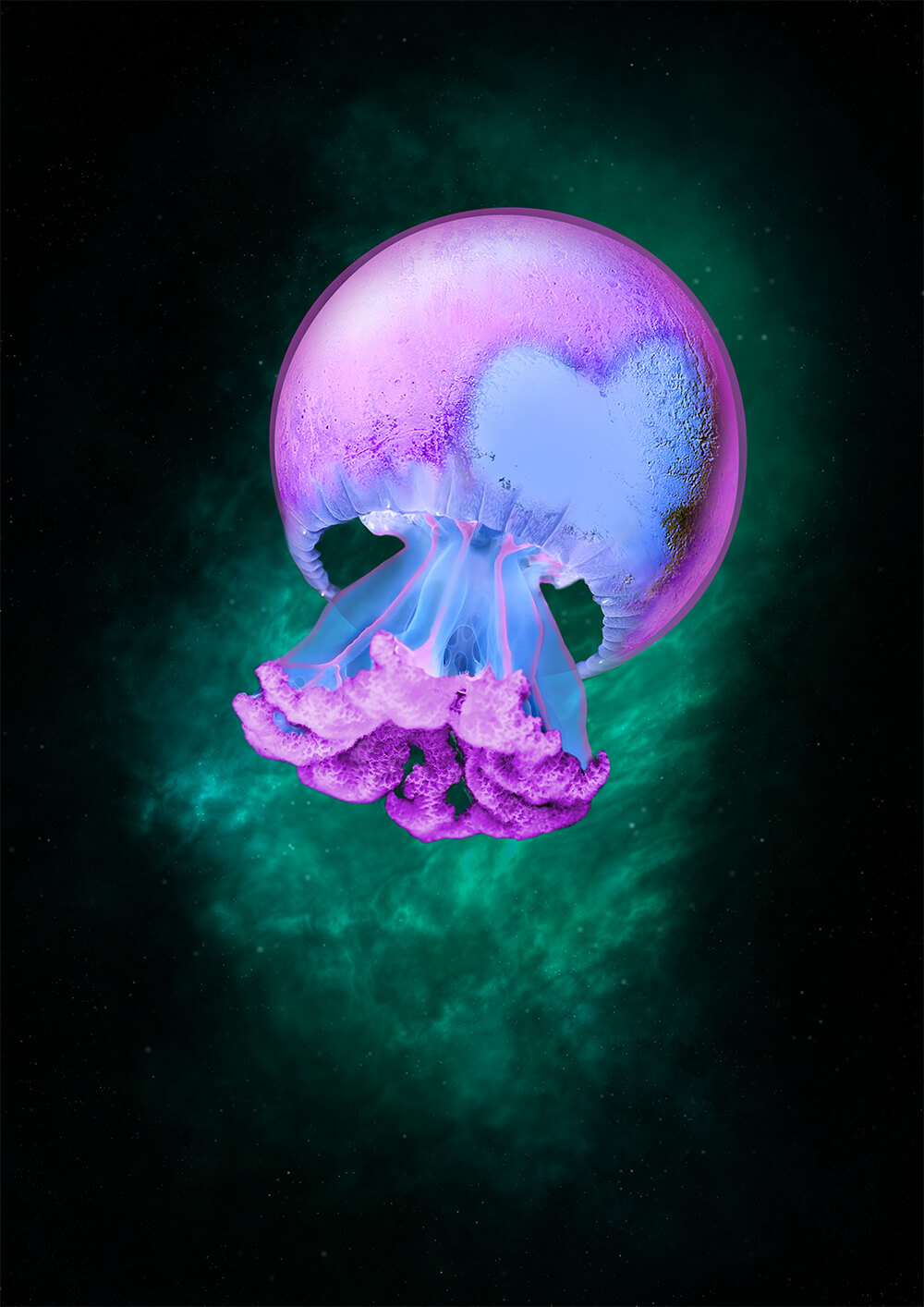 Digital illustration of Pluto with jellyfish tentacles