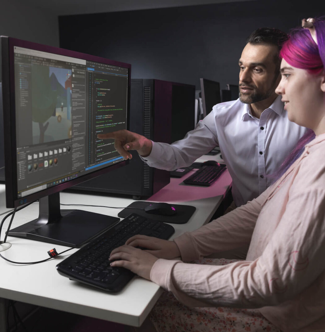 Student and Lecturer with Gaming Computer. SAE Brisbane