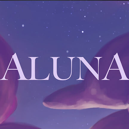 Logo. Purple backdrop with clouds. Text reads: Aluna