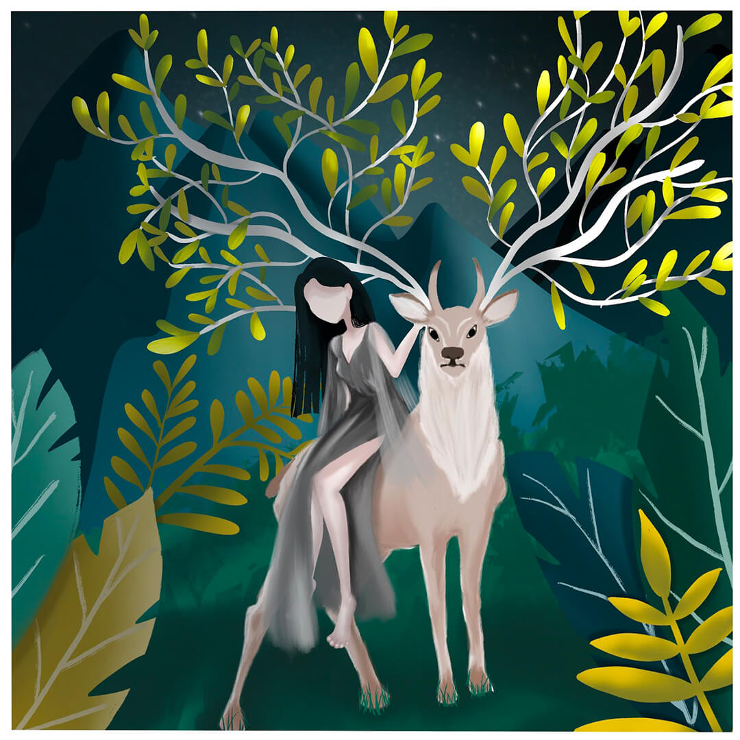 Digital illustration of woman with no face sitting on a deer with majestic, branch horns