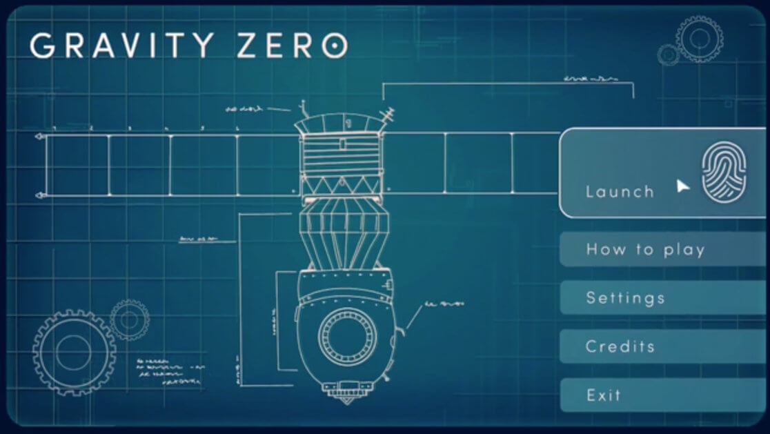 Digital image of a blue print. Text reads Gravity Zero. Interface of Game