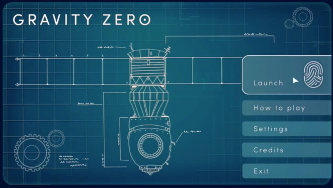 Digital image of a blue print. Text reads Gravity Zero. Interface of Game