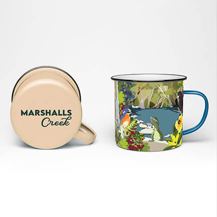 Two tin cups. One view of bottom, text reads: Marshalls creek. Other, standing tin cup that's printed. Marshalls Creek