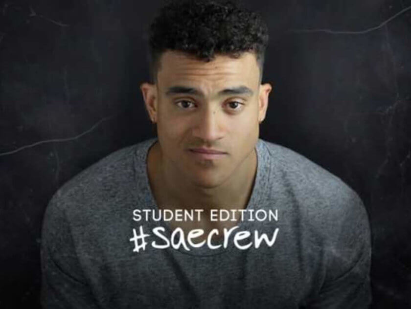 Student wearing grey jersey. Text reads Student Edition #SAEcrew. Cardin Farnham