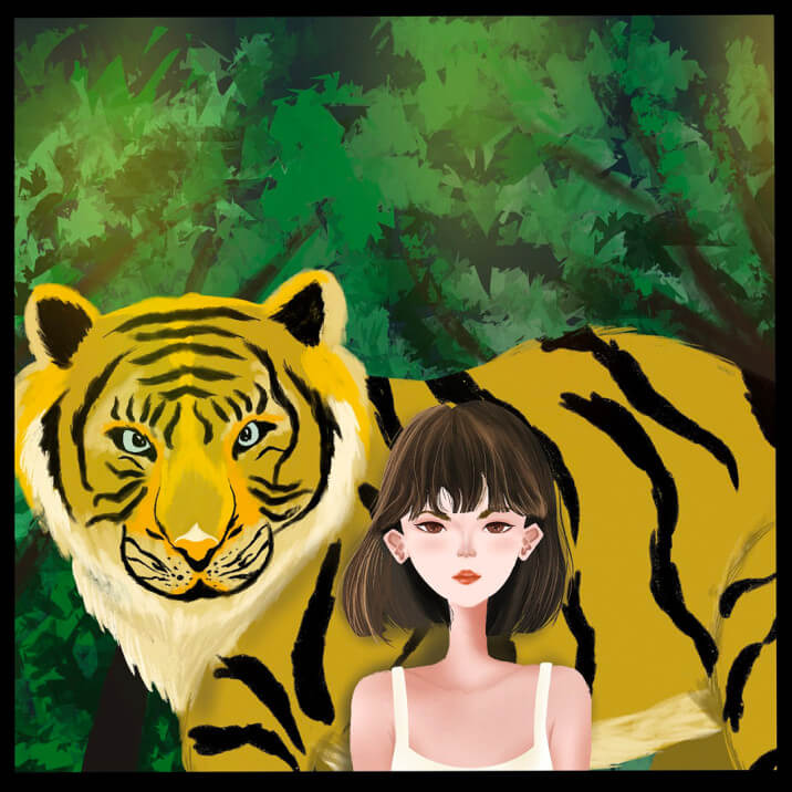 Painting of woman with tiger. Nature, Animals & Humans