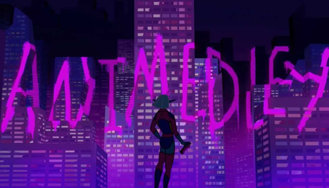 Cartoon figure looking over purple city scape. Text reads Animedley