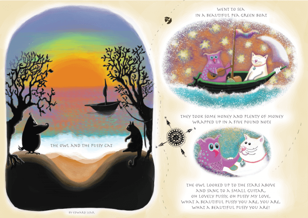 Illustrations of an owl and cat on a boat.