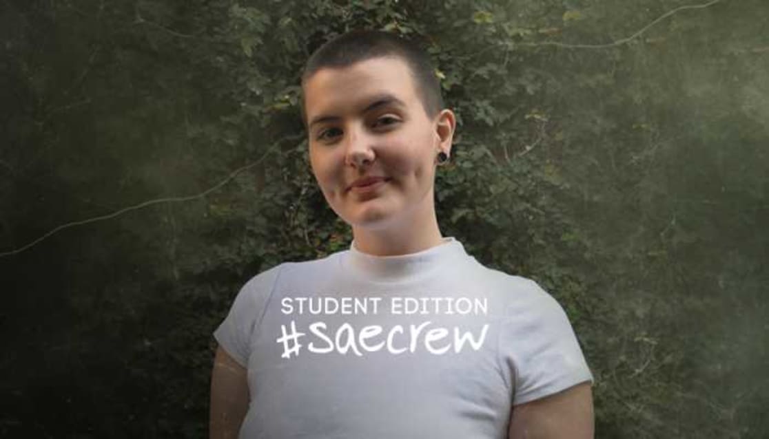 Woman with shaved head. Text reads Student Edition #SAEcrew
