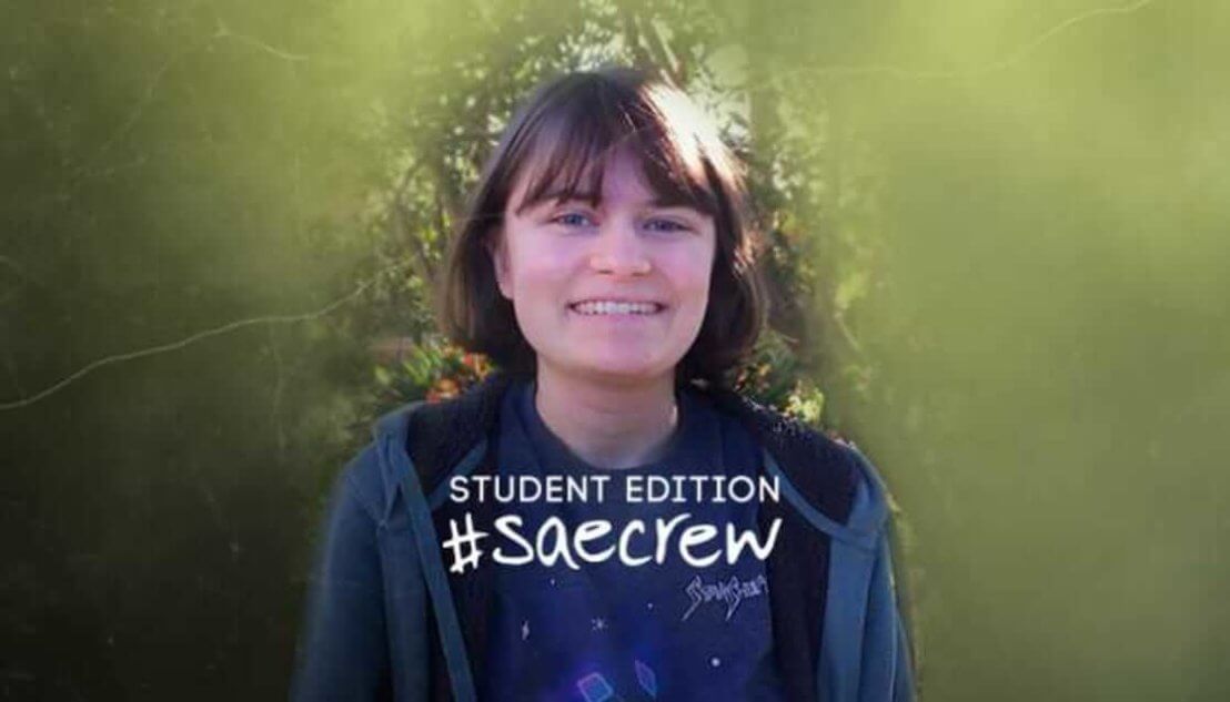 Student wearing blue jersey. Text reads Student Edition #SAEcrew Isabelle Fischer