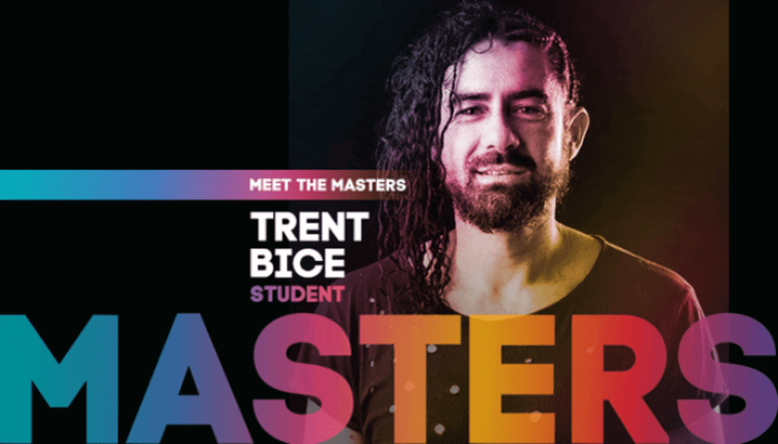 Man with long hair. Text reads Trent Bice student masters