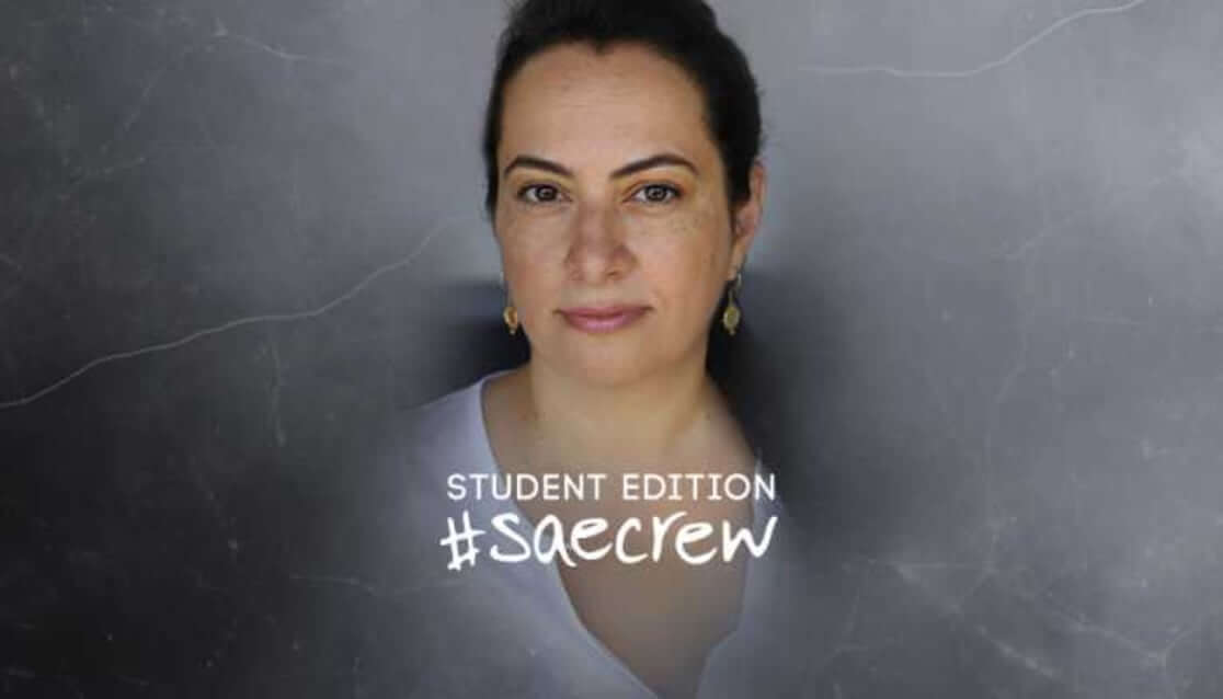 Woman with brown eyes. Text reads Student Edition #SAEcrew. Mirna Barakat