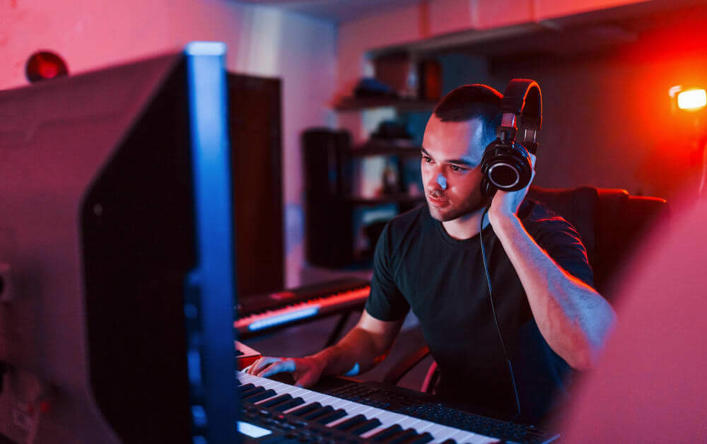 Student with headphones, keyboard in front of a screen in a studio