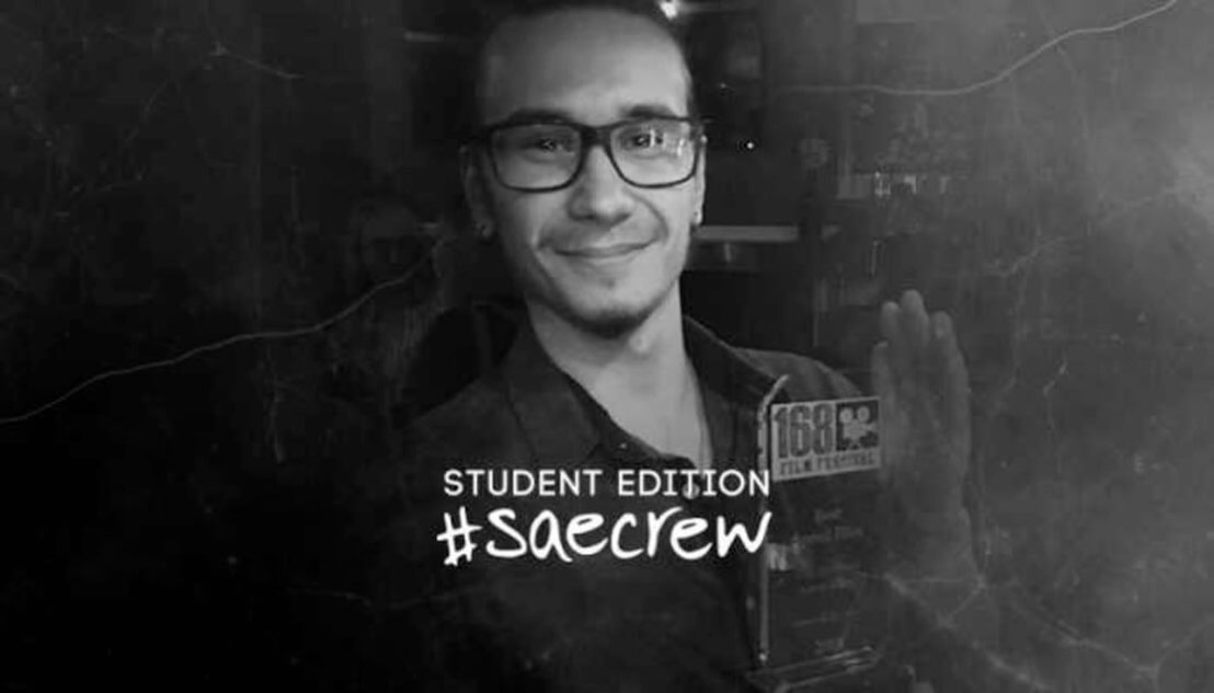 Smiling male student. Text reads Student Edition #SAEcrew. Dawid Poniatowski. SAE Perth