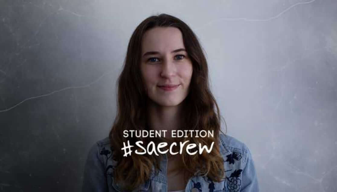 Female student with long brown hair. Text reads Student Edition #SAEcrew. Holly Haywood