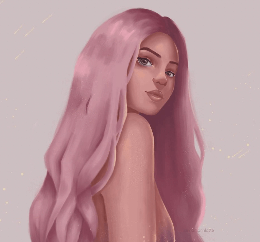Digital watercolour of female with pink hair