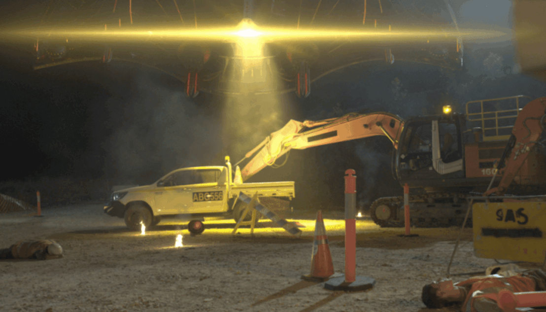 Film set with truck and bulldozer