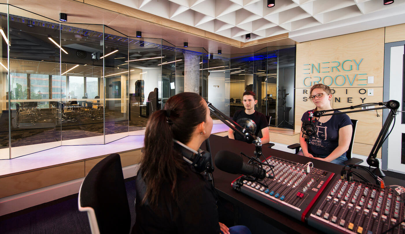 Three students operating Energy Groove radio broadcast. SAE Sydney