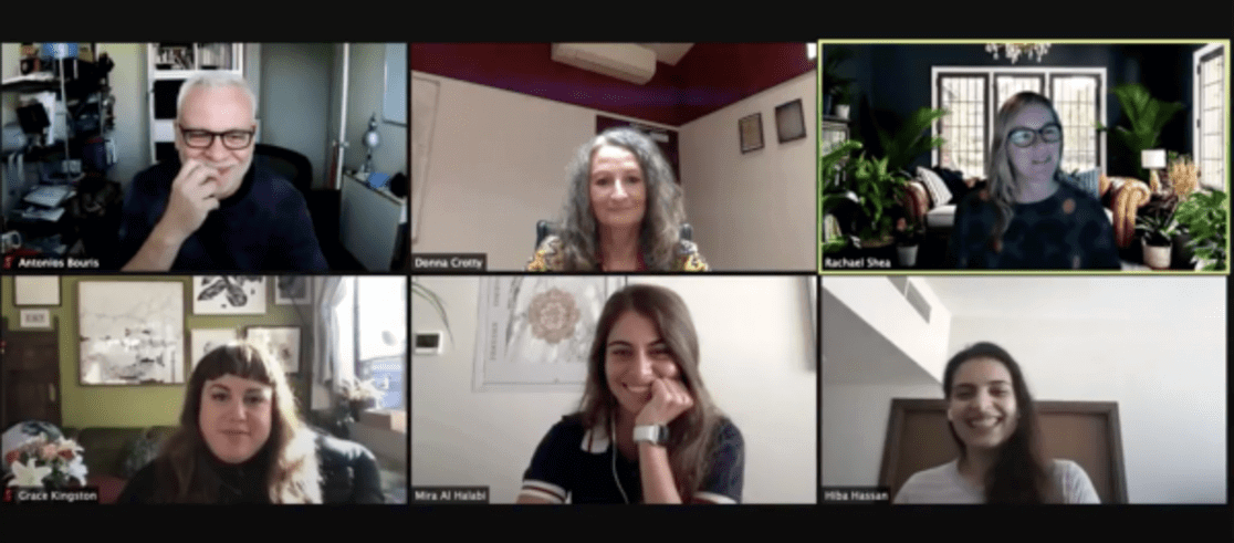 Screenshot of a Zoom meeting. 6 people working remotely