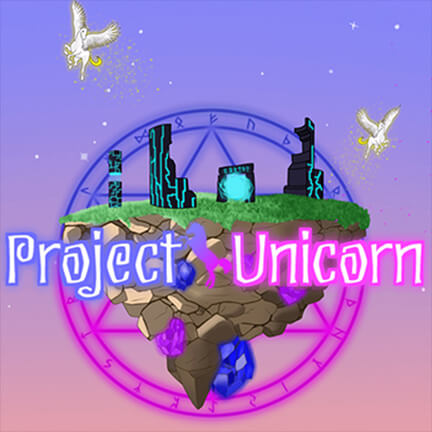 Blue and purple illustration. Text reads: Project Unicorn. An SAE student game