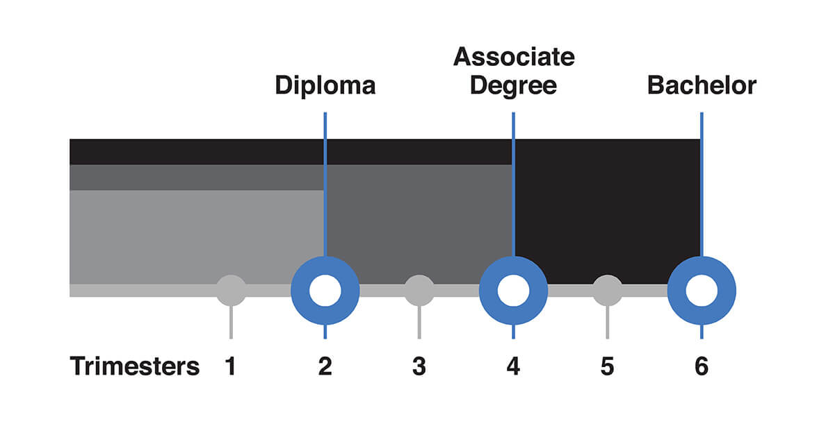 Blue. Infographic explaining Trimesters 1-6 for the Diploma, Associate Degree and Bachelor Audio courses at SAE.