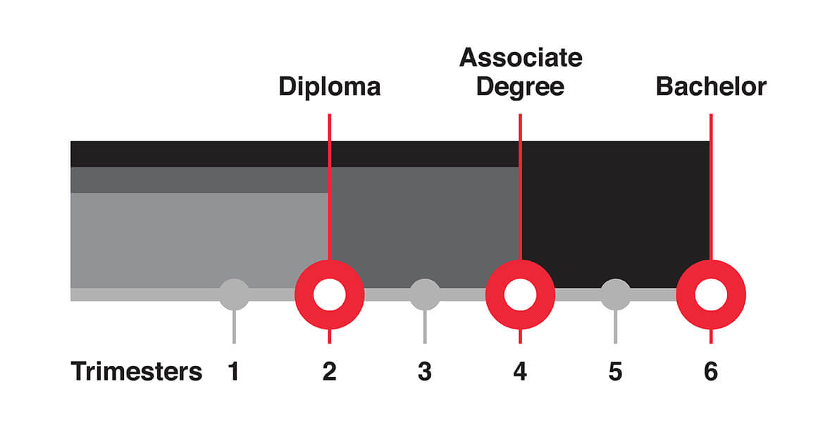 Red. Infographic explaining Trimesters 1-6 for the Diploma, Associate Degree and Bachelor Games courses at SAE.