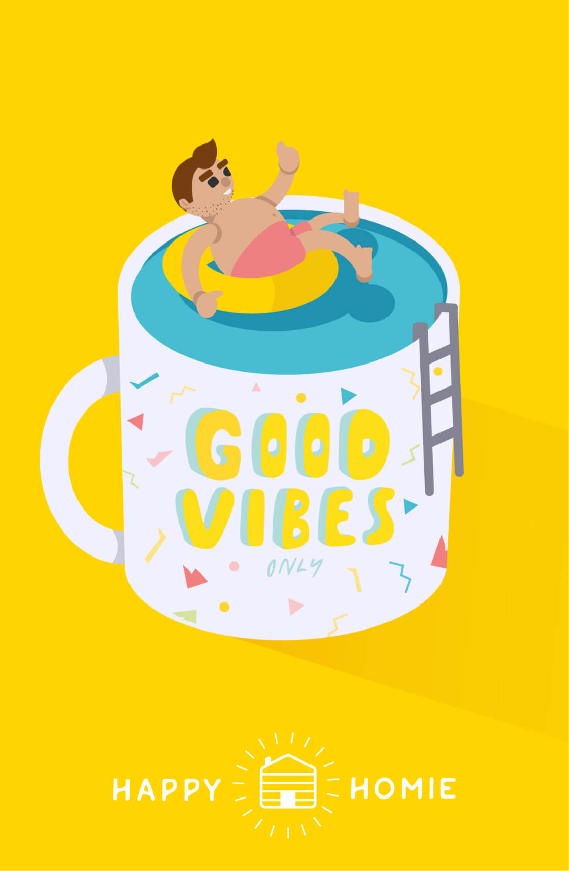 Brightly coloured character swimming in a coffee mug that reads Good Vibes