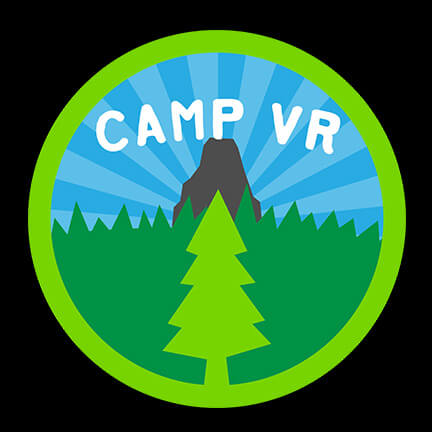 Digital interpretation of a scouts badge. Text reads Camp VR