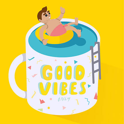 Digital design of Character swimming in coffee mug that reads Good Vibes. Happy Homie brand.