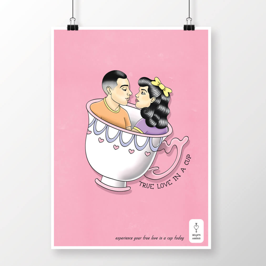 Illustration of two characters in a teacup. text reads true love in a cup