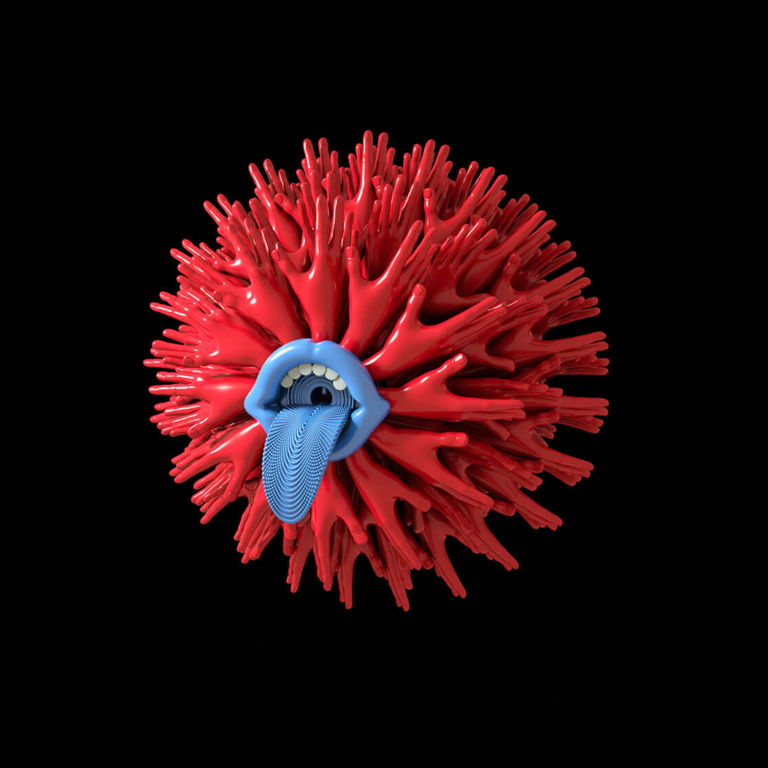 Artistic vinyl design of a red germ with blue mouth