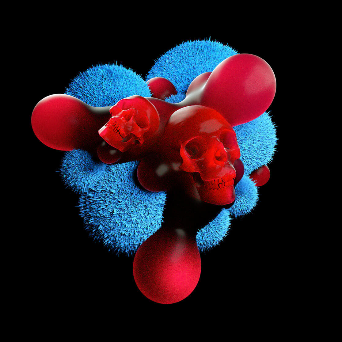 Black background. Red skull on blue, fuzzy balls. SAE student work by designer Mitchell Viney