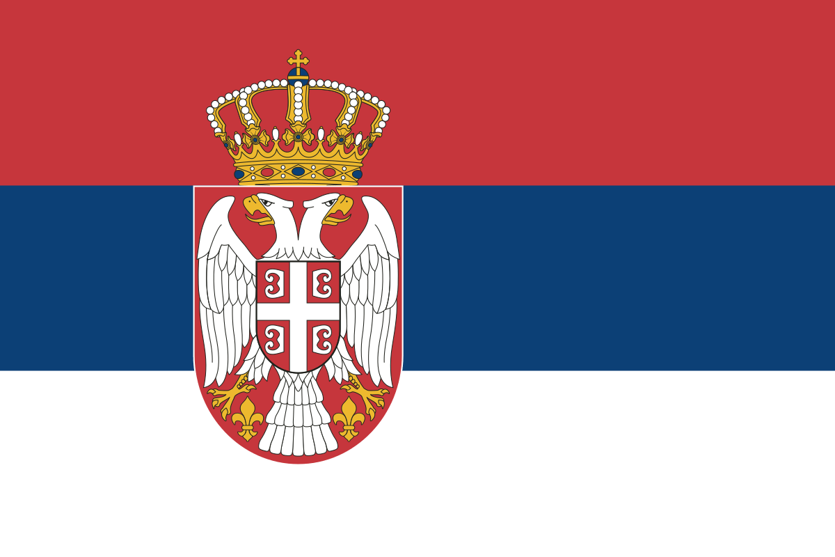 The red, white and blue flag of Serbia. Contains the crown and shield emblem