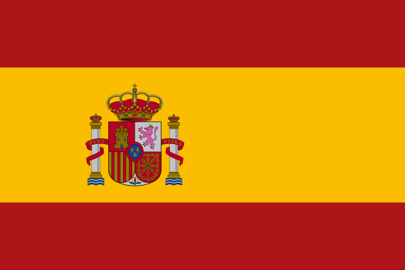 Red and yellow flag of Spain. The flag has a crown and coat of arms emblem