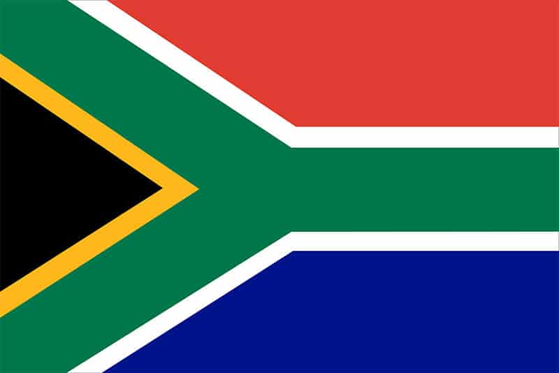 The red, black, green, blue, white and yellow South African Flag.