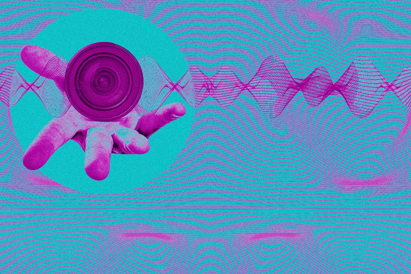 A graphic with light blue background and pink details, including a hand holding a camera lense 1430x952