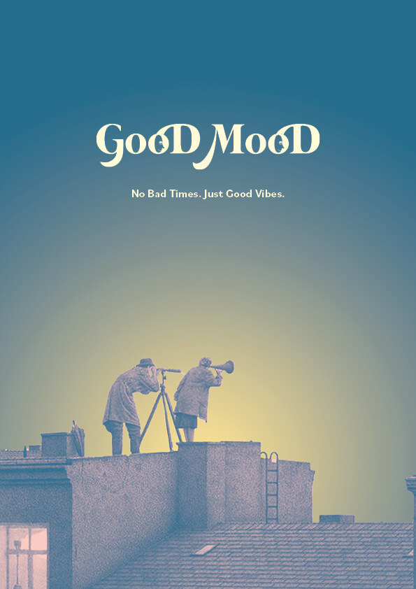Book cover of people looking through telescopes. Text reads Good Mood.