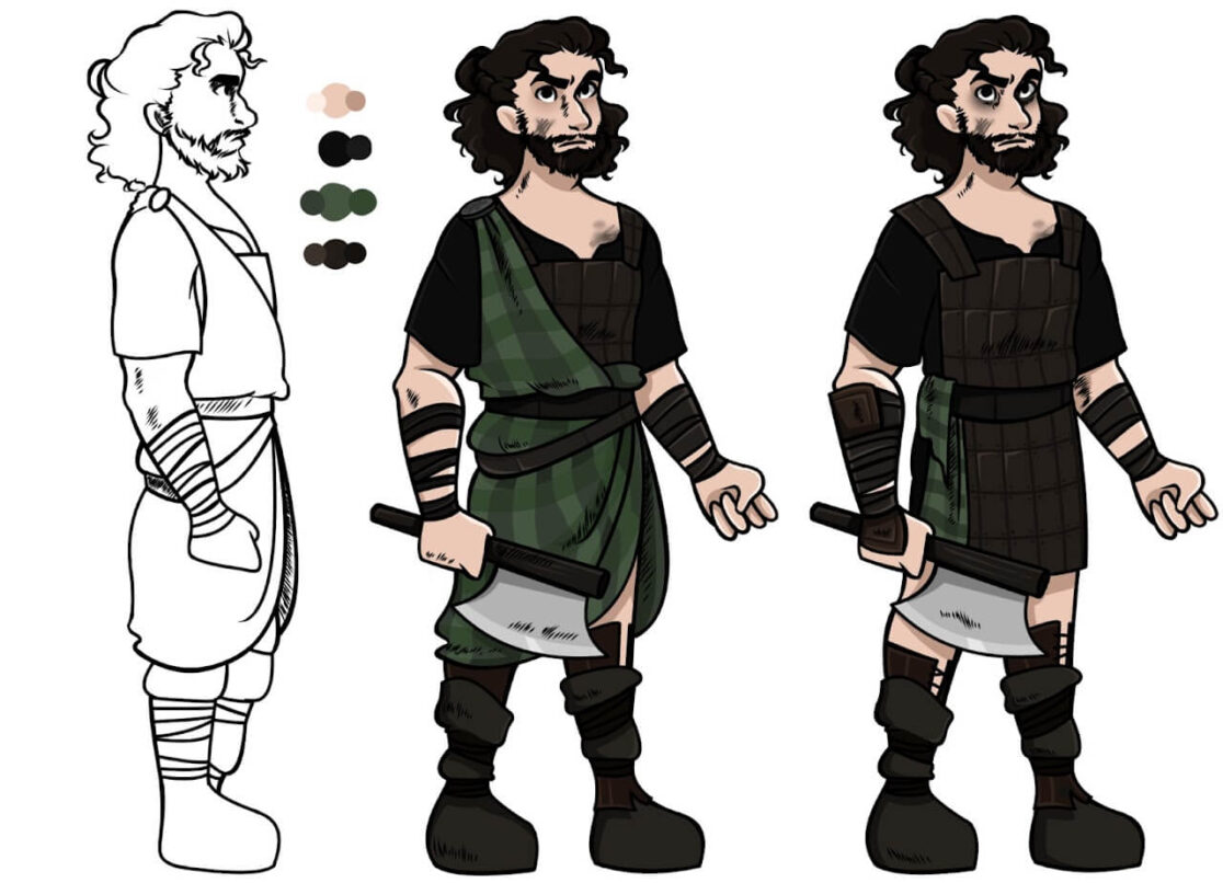 Vengeance character study and coloured illustration. Artwork by SAE Animation students