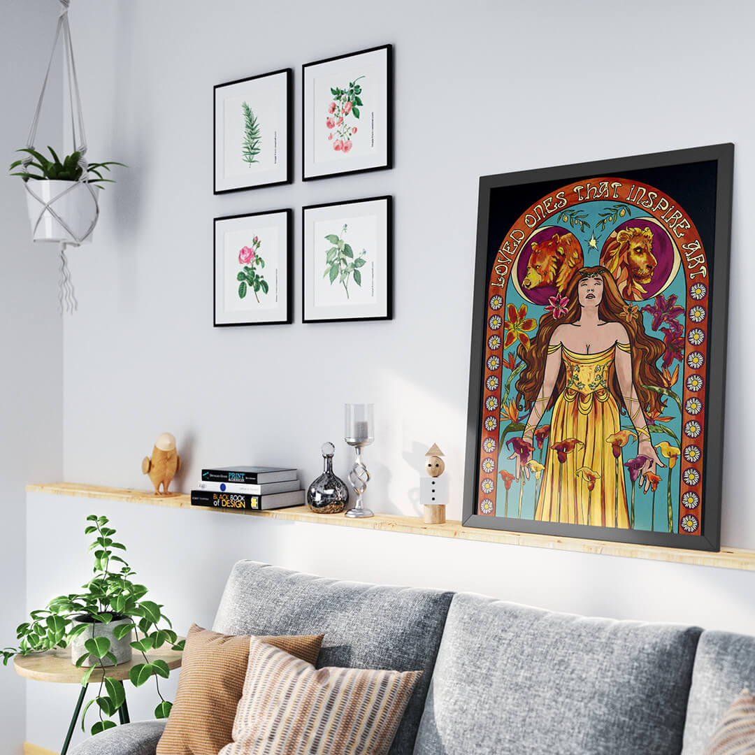 SAE student design concept of wall art. Framed student work hangs on wall in a lounge