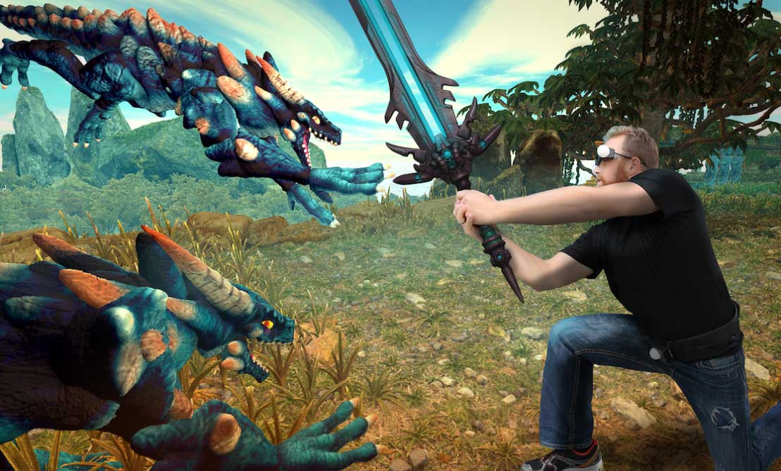 Man holding sword playing animal conquest hologram game