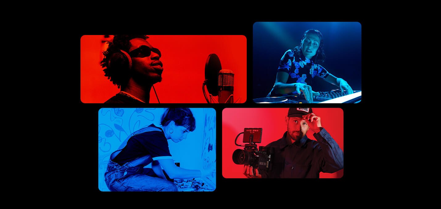 Four images of people in creative practices - film, singing, DJ and painting
