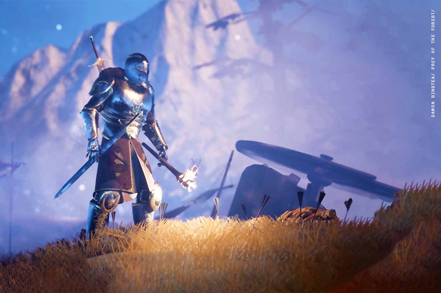 An animated still of a virtual game environment. A figure wearing medieval armour holds a lit torch. Arrows stuck in ground. Snowy mountains in background. Prey of the Forest