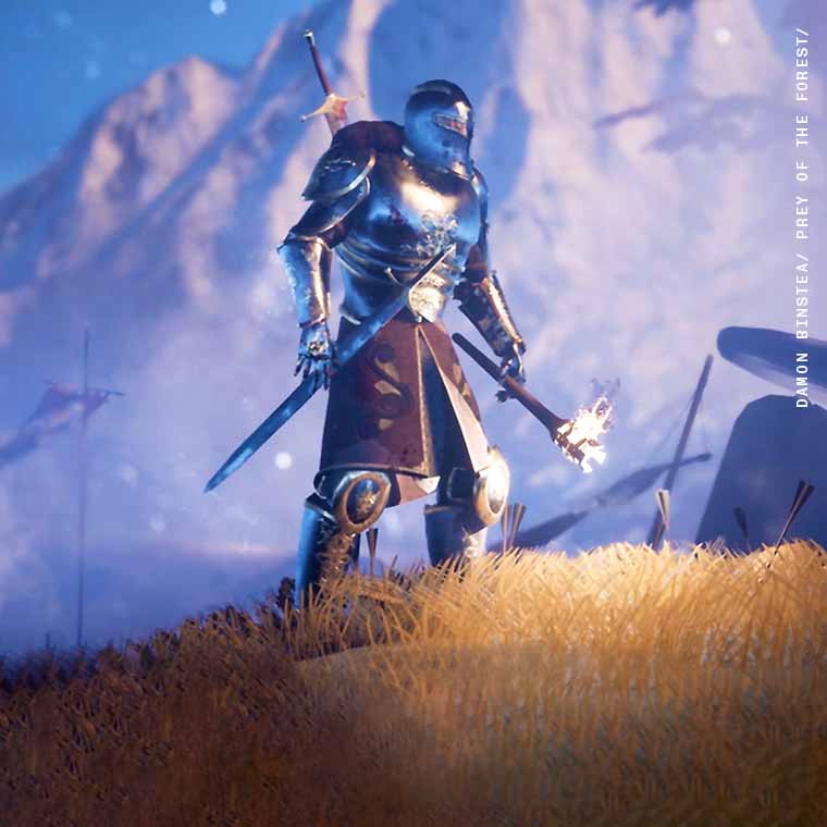 An animated still of a virtual game environment. A figure wearing medieval armour holds a lit torch. Arrows stuck in ground. Snowy mountains in background. Prey of the Forest