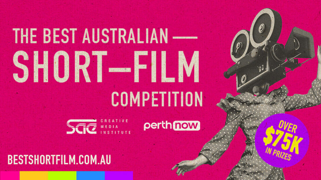 Film poster with film camera on woman's head adverting The Best Australian Short Film competition.