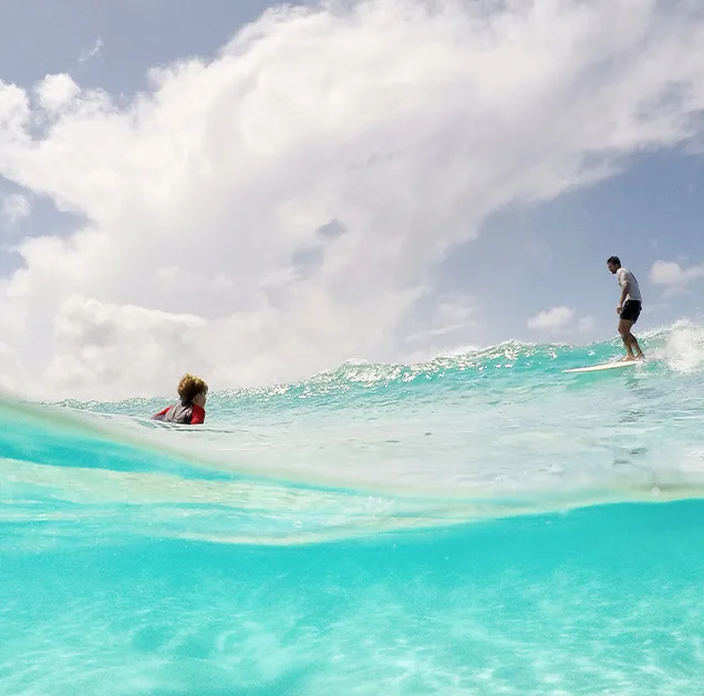 Two surfers in the ocean. One rides a wave. The other prepares to duck dive wave. Apply for a Destination Australia Scholarship at SAE Byron Bay